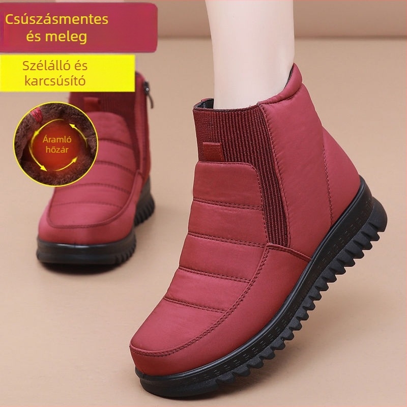 Női téli hócsizmák – vízálló, csúszásmentes, melegen bélelt, magas szárú csizma oldalsó cipzárral (sarokmagasság 3–5 cm, gumitalp)