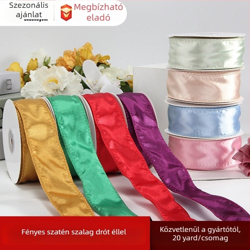 Drótos szegélyű szatén szalag, egyoldalas, poliészter, márka Ckacheychi/khakiqi, karácsonyi dekorációkhoz, csomagoláshoz, virágdíszítéshez