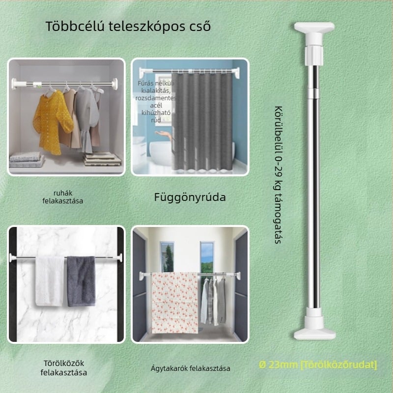 Rozsdamentes acél teleszkópos ruhaszárító rúd balkonkhoz – vastagított, többfunkciós függöny/gardrób/zuhanyfüggöny