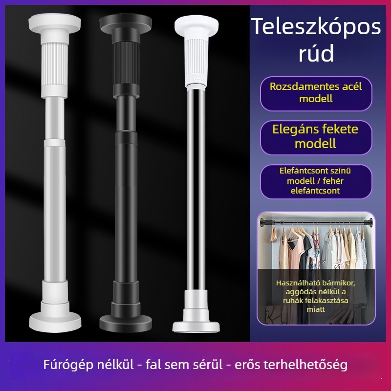 Teleszkópos függönyrúd, fúrás nélkül, 201 rozsdamentes acél + szénacél + ABS, zuhanyozáshoz, ruhásszekrényhez és hálószoba válaszfalnak, modern minimalizmus