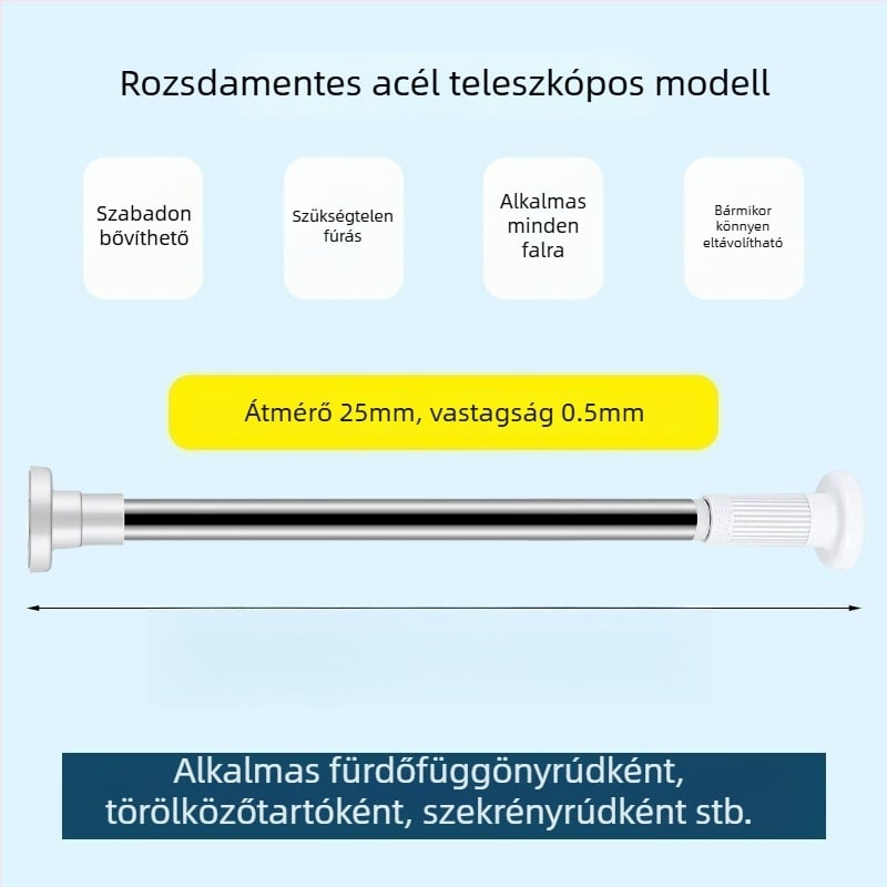 Teleszkópos függönyrúd, fúrás nélkül, 201 rozsdamentes acél + szénacél + ABS, zuhanyozáshoz, ruhásszekrényhez és hálószoba válaszfalnak, modern minimalizmus