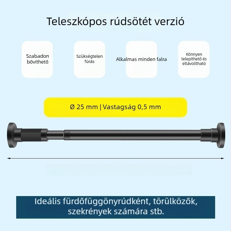 Teleszkópos függönyrúd, fúrás nélkül, 201 rozsdamentes acél + szénacél + ABS, zuhanyozáshoz, ruhásszekrényhez és hálószoba válaszfalnak, modern minimalizmus