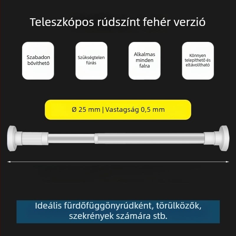Teleszkópos függönyrúd, fúrás nélkül, 201 rozsdamentes acél + szénacél + ABS, zuhanyozáshoz, ruhásszekrényhez és hálószoba válaszfalnak, modern minimalizmus