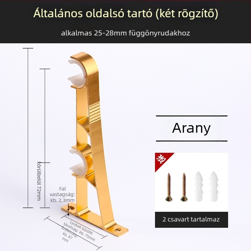 Alumíniumötvözetű függönyrúdtartó – egyrudas vagy kétsoros típushoz – rögzített alap – felső vagy oldalsó felszerelés