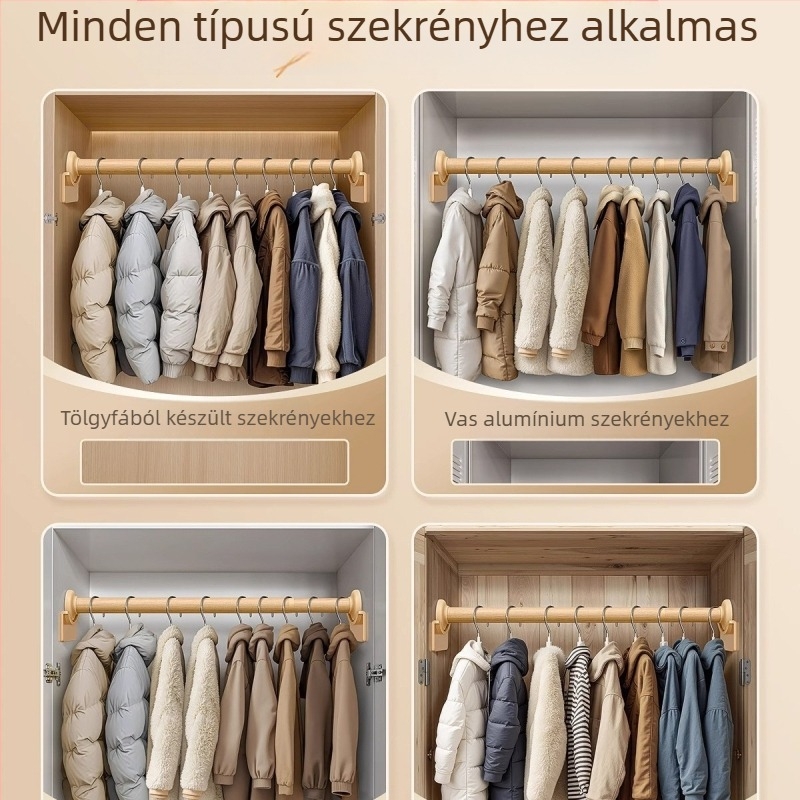Rozsdamentes acél ruhaszárító rúd, teleszkópos, szerelés fúrás nélkül, a hálószoba gardróbjához (anyag: rozsdamentes acél; telepítés: fúrás nélküli; használat: ruhák felakasztása a hálószobában; stílus: új kínai stílus)