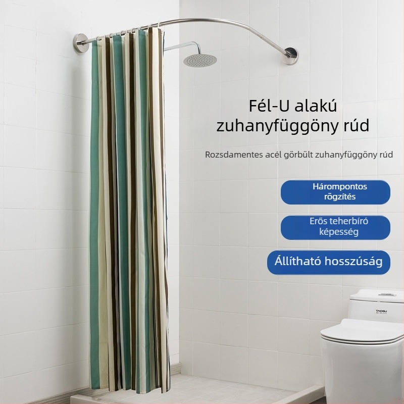 Fél U-alakú zuhanyfüggönyrúd rozsdamentes acélból, fúrást igényel, fürdőszobához, modern stílus