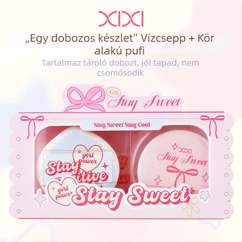 Xixi púder puff száraz és nedves használatra, természetes szivacs, 2 darabos készlet, kerek és csepp alakú