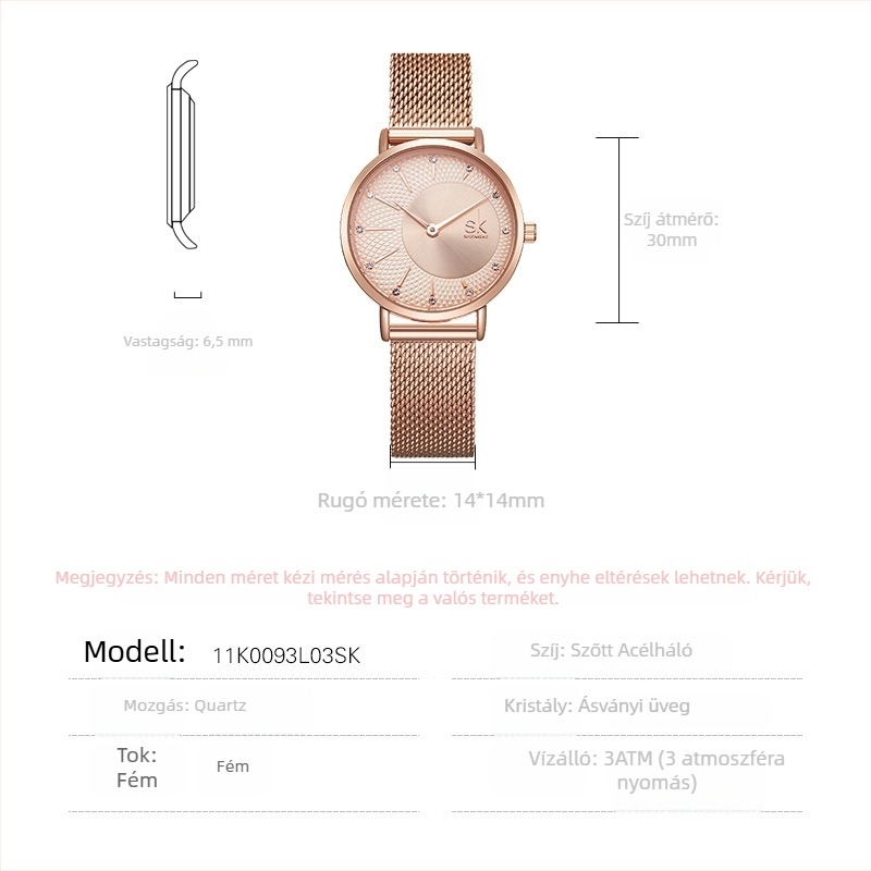 Női karóra gyémánt mintás számlappal és retro szegecs motívummal, rozsdamentes acél hálószíj, kvarc Miyota PC21 mozgás, Japán, 30 m vízállóság