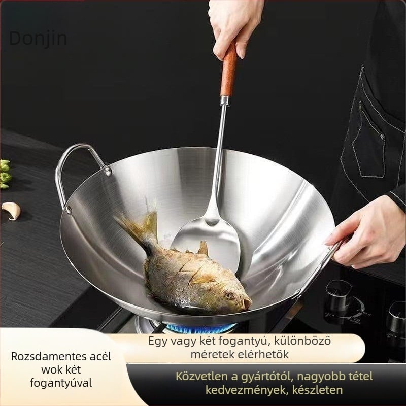 Rozsdamentes acél wok, bevonat nélküli, egyes aljzattal, gázfőzővel kompatibilis, kínai stílus, testre szabható, modell 5