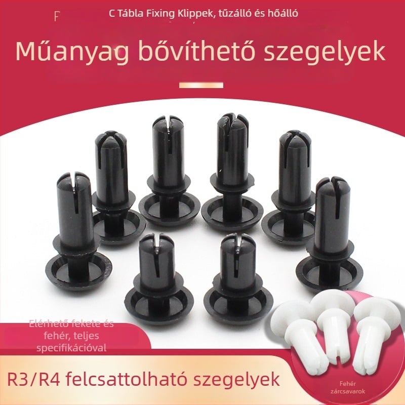 R-típusú nylon dűbe, műanyag bővítő és műanyag csattal; Anyag: Nylon PA-66; Szabvány: Nemzeti Szabvány; Pin típus: Szegecsek