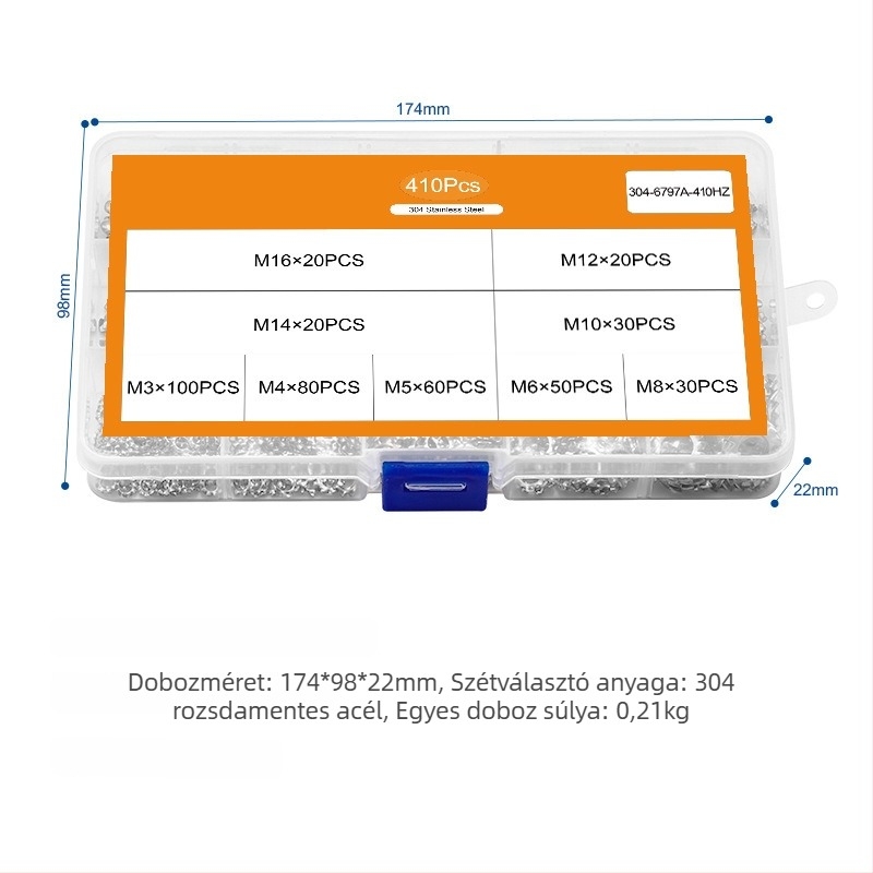 410 db alátétgyűrűk, rozsdamentes acél 304, külső fogazatú záró alátétek, lapos alátétek, tömítő alátétek, megállító alátétek, Osztály A, Nemzeti szabvány
