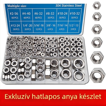 Hatágú anyák készlet dobozban, 405 darab, 304 rozsdamentes acél, DIN 934, A2-70