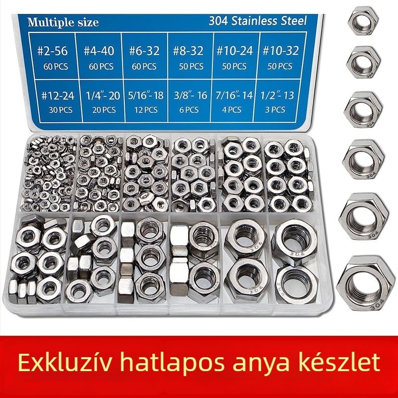 Hatágú anyák készlet dobozban, 405 darab, 304 rozsdamentes acél, DIN 934, A2-70