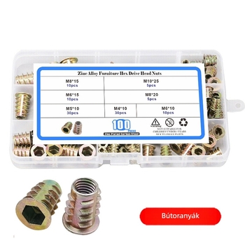 Bútorcsavar anya, T-alakú beépített anya belső és külső menettel; szénacél Q215, galvanizált felület, osztály A, szilárdsági fok 8