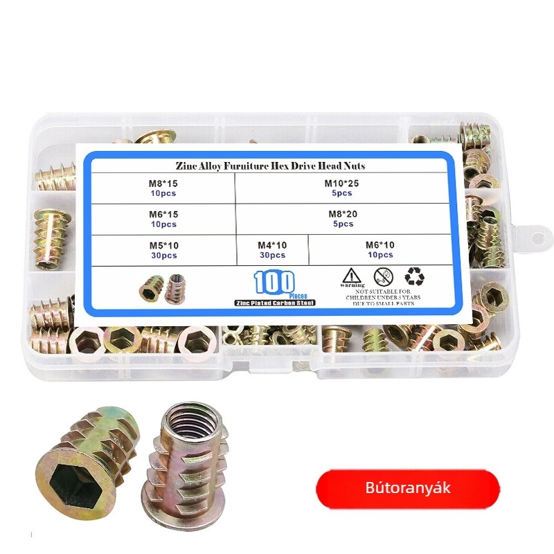 Bútorcsavar anya, T-alakú beépített anya belső és külső menettel; szénacél Q215, galvanizált felület, osztály A, szilárdsági fok 8