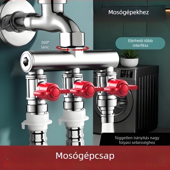 Beépített falba szerelt háromutas golyóscsap osztó mosógéphez, ötvözet, sütőben lakkozott felület, 4-utas csatlakozás