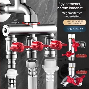 Beépített falba szerelt háromutas golyóscsap osztó mosógéphez, ötvözet, sütőben lakkozott felület, 4-utas csatlakozás