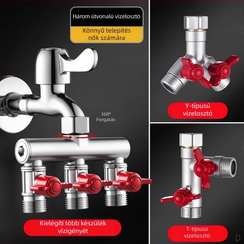 Beépített falba szerelt háromutas golyóscsap osztó mosógéphez, ötvözet, sütőben lakkozott felület, 4-utas csatlakozás