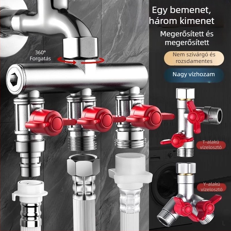 Beépített falba szerelt háromutas golyóscsap osztó mosógéphez, ötvözet, sütőben lakkozott felület, 4-utas csatlakozás