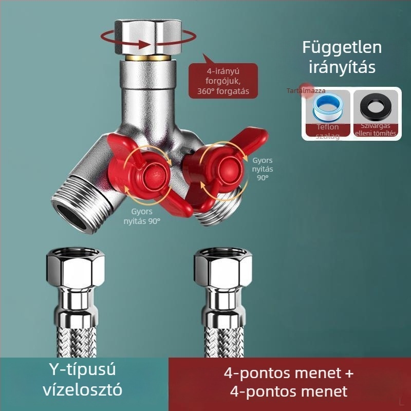 Beépített falba szerelt háromutas golyóscsap osztó mosógéphez, ötvözet, sütőben lakkozott felület, 4-utas csatlakozás