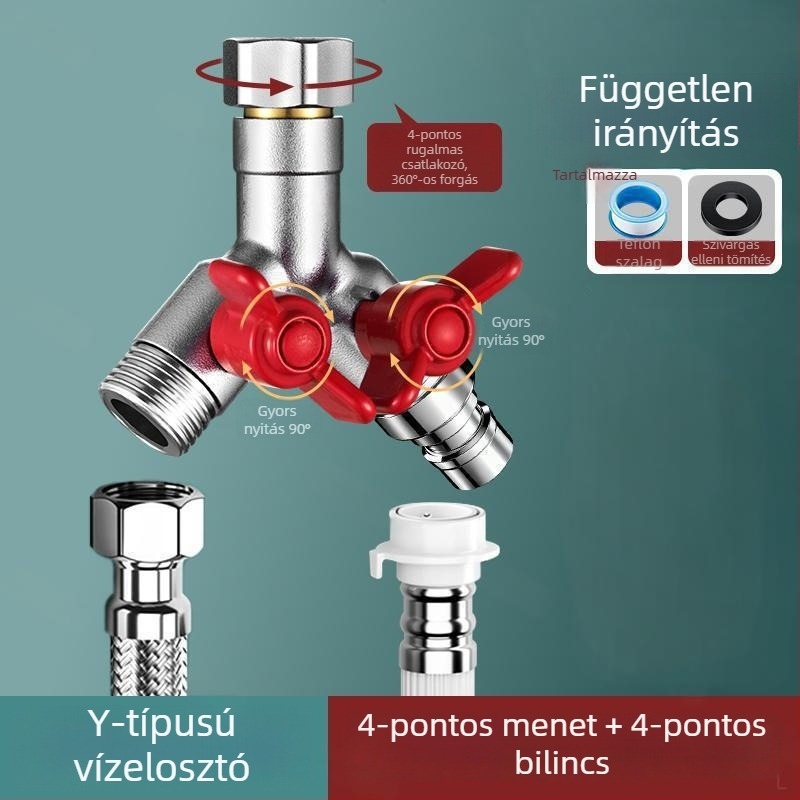 Beépített falba szerelt háromutas golyóscsap osztó mosógéphez, ötvözet, sütőben lakkozott felület, 4-utas csatlakozás