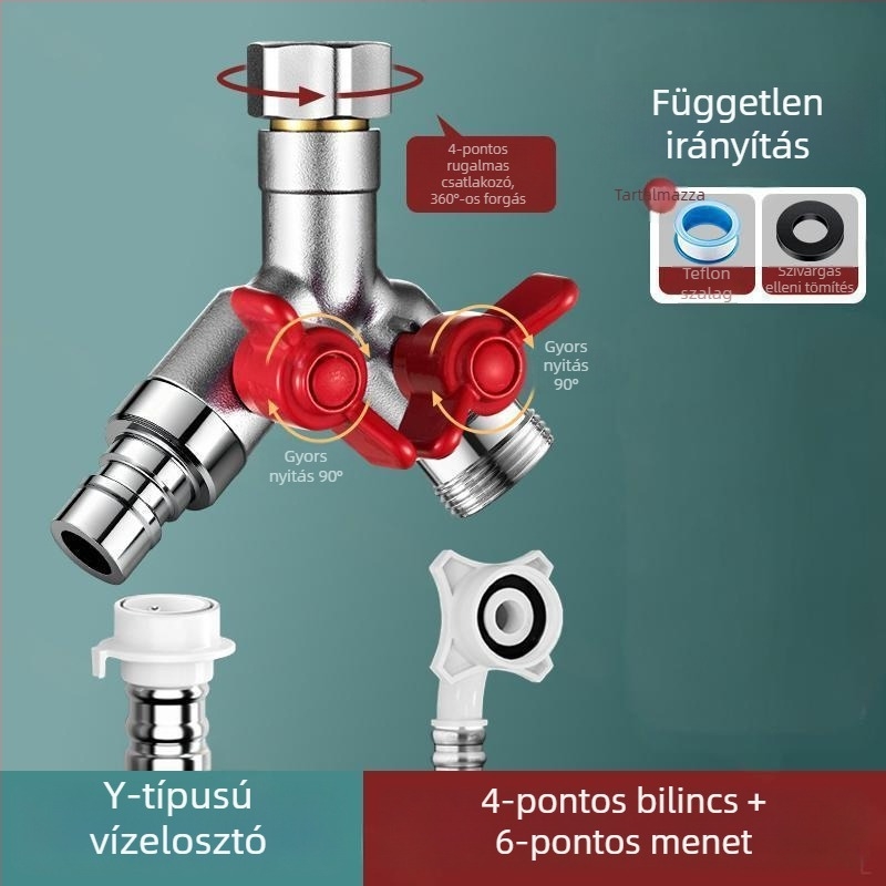 Beépített falba szerelt háromutas golyóscsap osztó mosógéphez, ötvözet, sütőben lakkozott felület, 4-utas csatlakozás