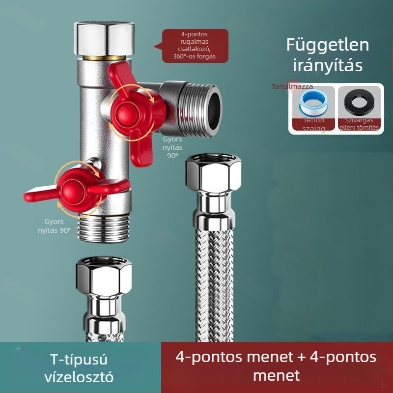 Beépített falba szerelt háromutas golyóscsap osztó mosógéphez, ötvözet, sütőben lakkozott felület, 4-utas csatlakozás