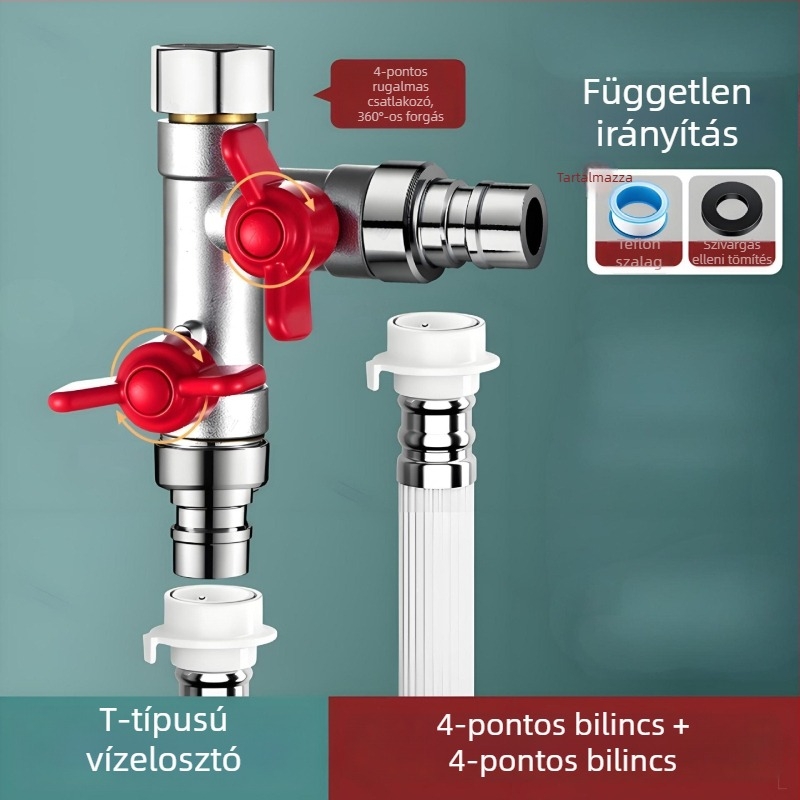 Beépített falba szerelt háromutas golyóscsap osztó mosógéphez, ötvözet, sütőben lakkozott felület, 4-utas csatlakozás