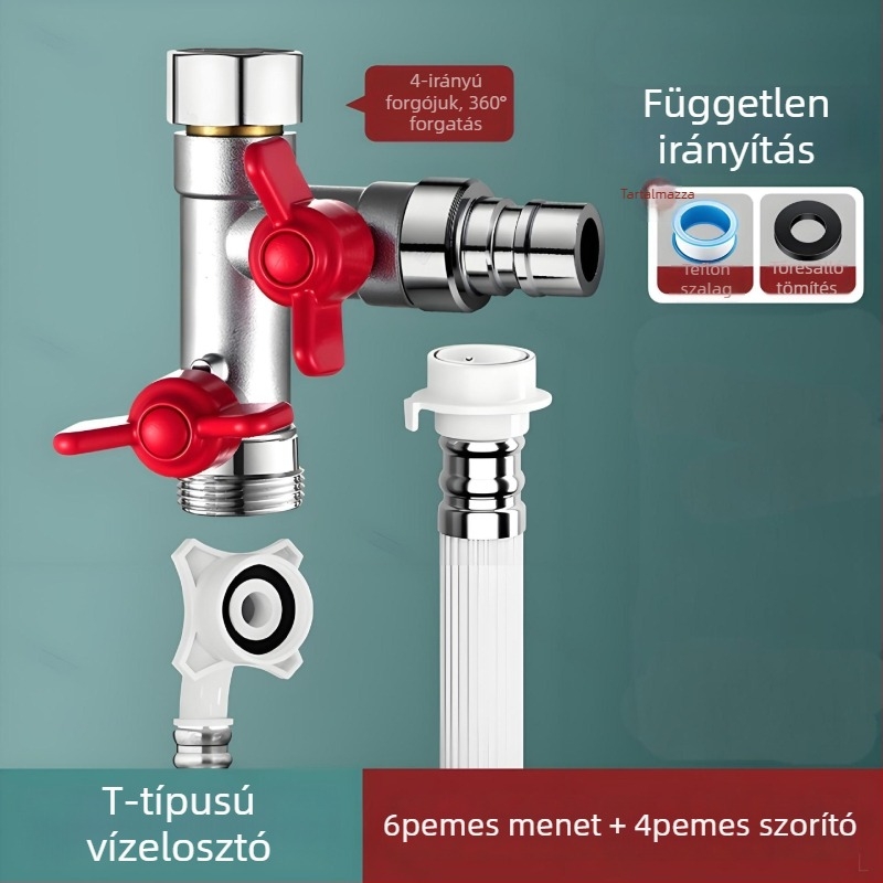 Beépített falba szerelt háromutas golyóscsap osztó mosógéphez, ötvözet, sütőben lakkozott felület, 4-utas csatlakozás