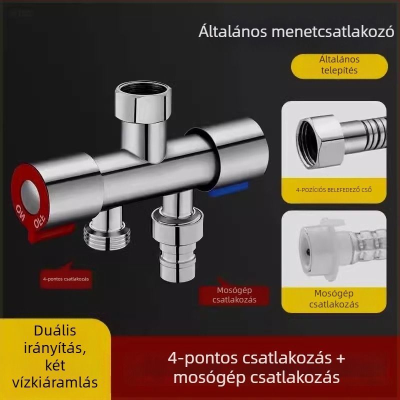 Beépített falba szerelt háromutas golyóscsap osztó mosógéphez, ötvözet, sütőben lakkozott felület, 4-utas csatlakozás