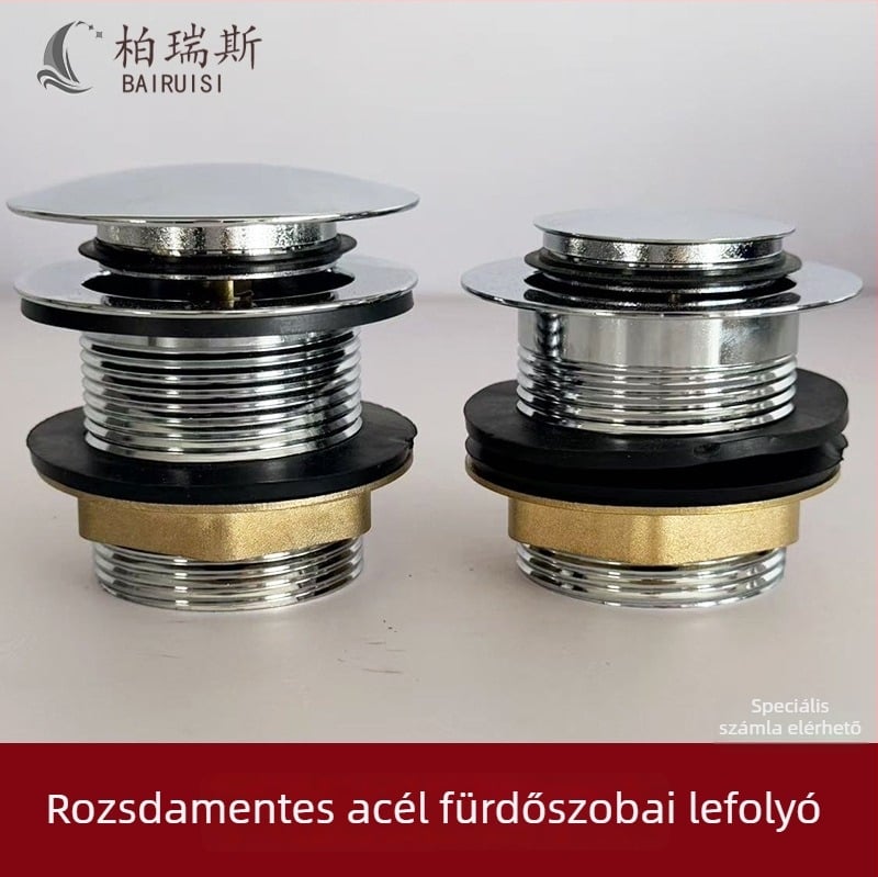 Rozsdamentes acél fürdőkádtfolyó pedálos működtetéssel, modell 222, hordó-szelep és szerelvények