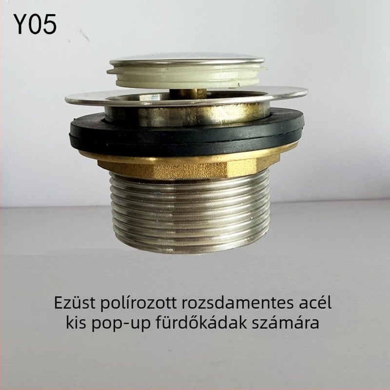 Rozsdamentes acél fürdőkádtfolyó pedálos működtetéssel, modell 222, hordó-szelep és szerelvények