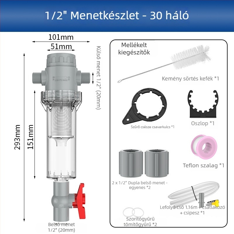 Hosszabbítható akváriumi szűrő 10–200 hálóval, ülepítő kamrával és golyóscsapával (szűrőanyag)