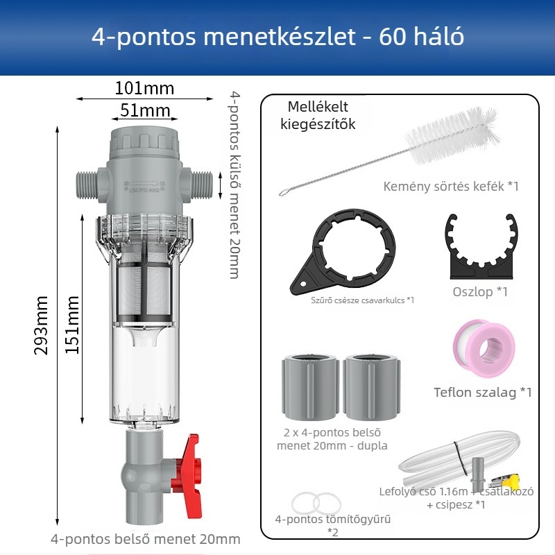 Hosszabbítható akváriumi szűrő 10–200 hálóval, ülepítő kamrával és golyóscsapával (szűrőanyag)