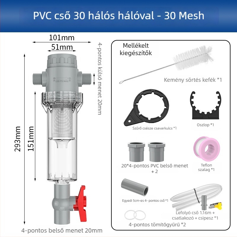 Hosszabbítható akváriumi szűrő 10–200 hálóval, ülepítő kamrával és golyóscsapával (szűrőanyag)