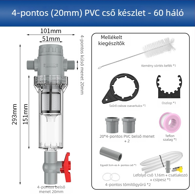 Hosszabbítható akváriumi szűrő 10–200 hálóval, ülepítő kamrával és golyóscsapával (szűrőanyag)