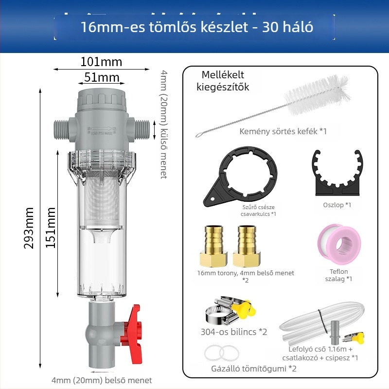 Hosszabbítható akváriumi szűrő 10–200 hálóval, ülepítő kamrával és golyóscsapával (szűrőanyag)