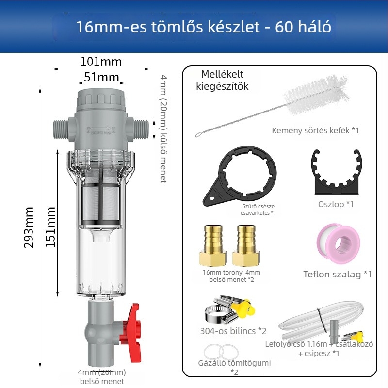 Hosszabbítható akváriumi szűrő 10–200 hálóval, ülepítő kamrával és golyóscsapával (szűrőanyag)