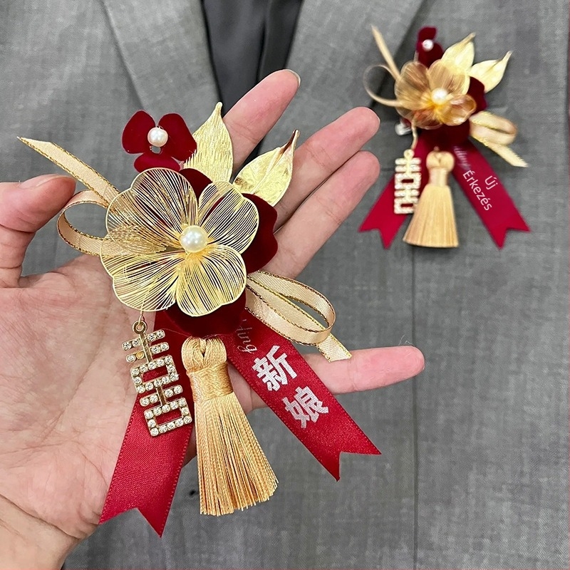 Esküvői virágdísz készlet menyasszony, vőlegény és család számára - fém, kézi gyártású, kínai stílus, közepes vastagság