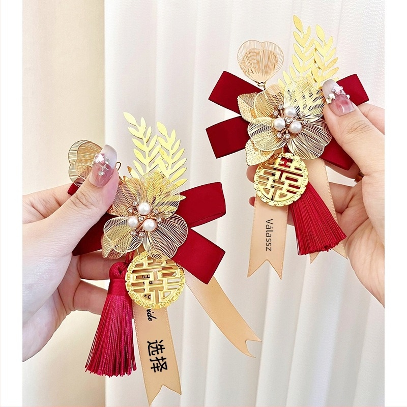 Esküvői virágdísz készlet menyasszony, vőlegény és család számára - fém, kézi gyártású, kínai stílus, közepes vastagság