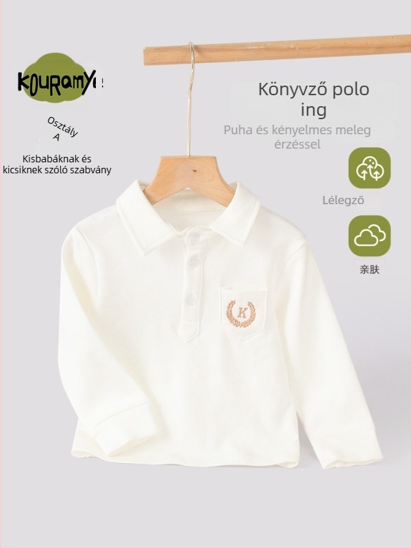 Gyerekek hosszú ujjú polo felső, lapos gallér, zseb hímzett, 95% pamut, tavasz–ősz