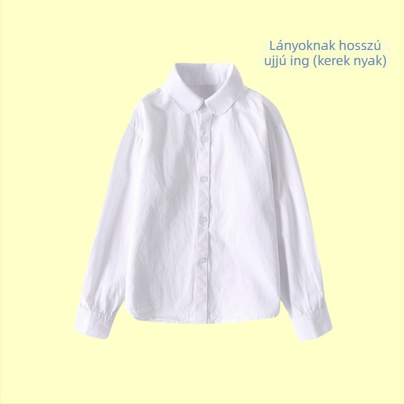 Gyermek pamut hosszú ujjú ing, uniszex, enzimes mosás, reveres gallérral, egyszínű minta, tavasz-őszi használatra, 8 év feletti gyermekeknek