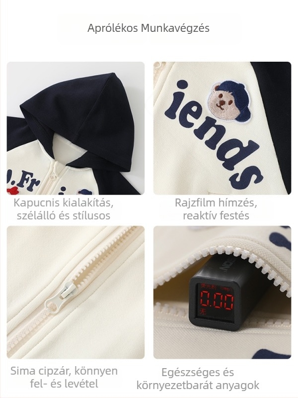 DUUDUU Koreai stílusú kapucnival ellátott pamut dzseki tavaszra, hosszú ujjú, elöl cipzár, állatmintás, 76% pamut + 19% poliészter + 5% spandex