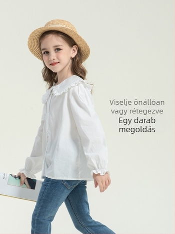 Left West lányok hosszú ujjú pamut-ing, 100% pamutból, gallér típusú lapel, egyszínű, 3–8 éveseknek