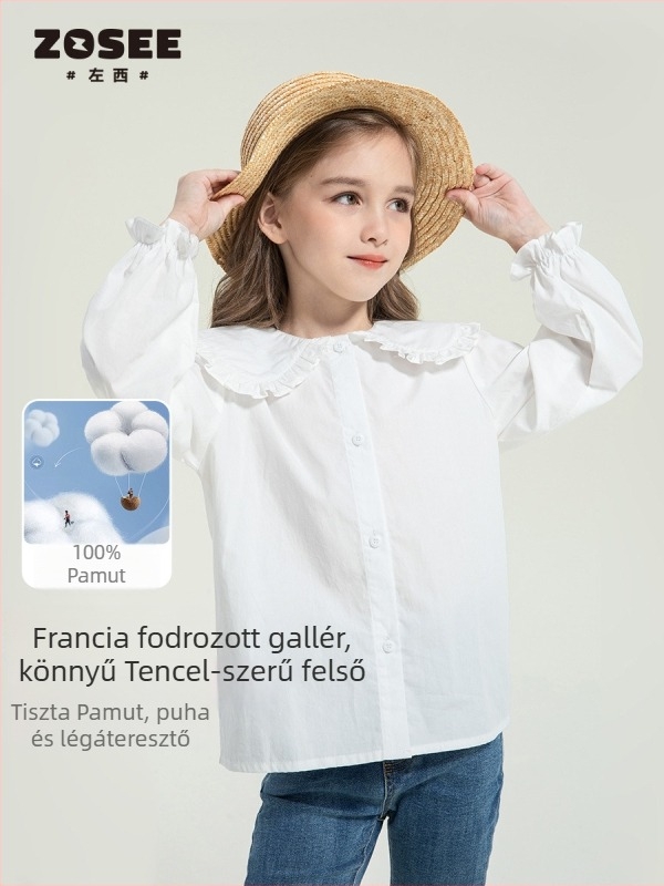 Left West lányok hosszú ujjú pamut-ing, 100% pamutból, gallér típusú lapel, egyszínű, 3–8 éveseknek