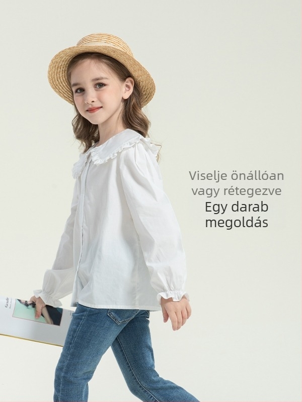 Left West lányok hosszú ujjú pamut-ing, 100% pamutból, gallér típusú lapel, egyszínű, 3–8 éveseknek