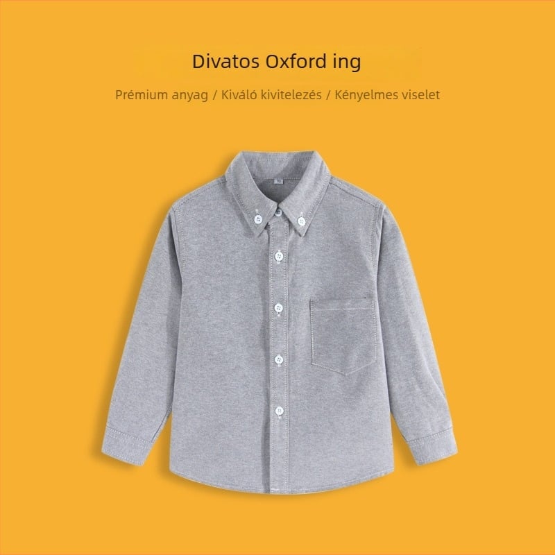 Gyerekek hosszú ujjú Oxford ing brushed pamutból, uniszex, 3–8 éveseknek, egyszínű minta, gallér típusa: lapel, ideális téli-tavaszi-őszi viselésre