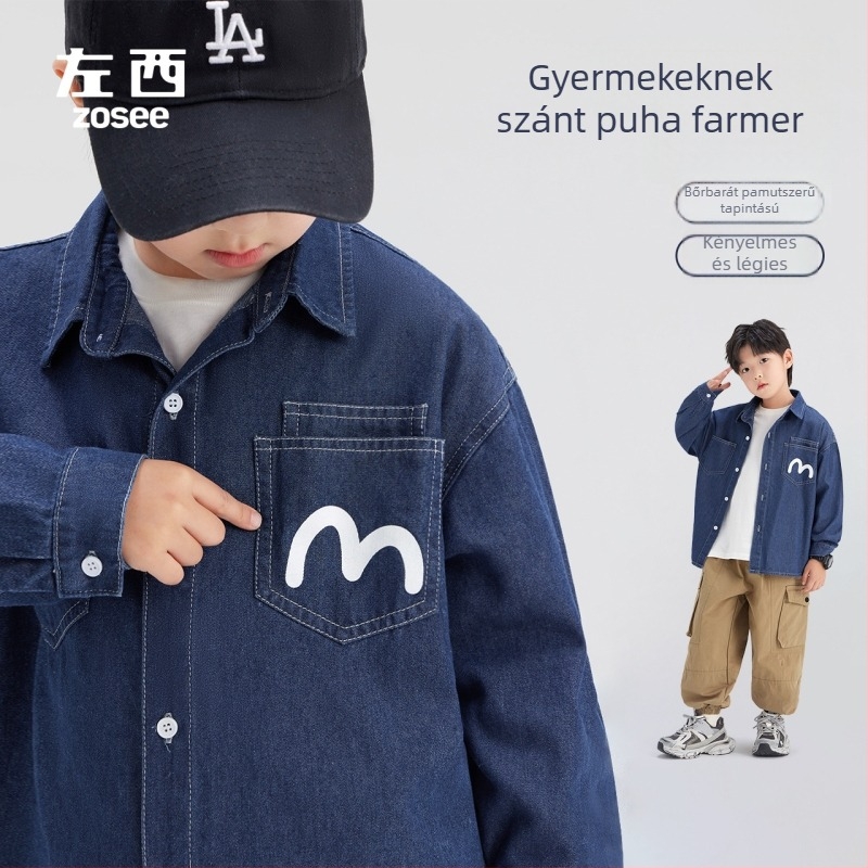 Gyerekeknek készült denim ing-jacka fiúknak, Left West, preppy stílus, hosszú ujjú, pamutkeverék, tavasz-ősz