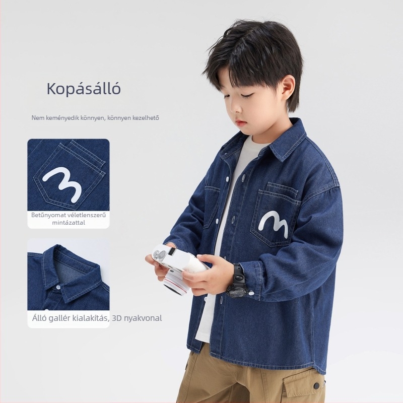 Gyerekeknek készült denim ing-jacka fiúknak, Left West, preppy stílus, hosszú ujjú, pamutkeverék, tavasz-ősz