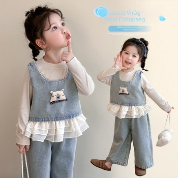 Lányoknak való denim három darabos szett, medvés mintával - hosszú ujjú felső, laza nadrág vállpántokkal, tavasz-ősz, 3–8 évesek